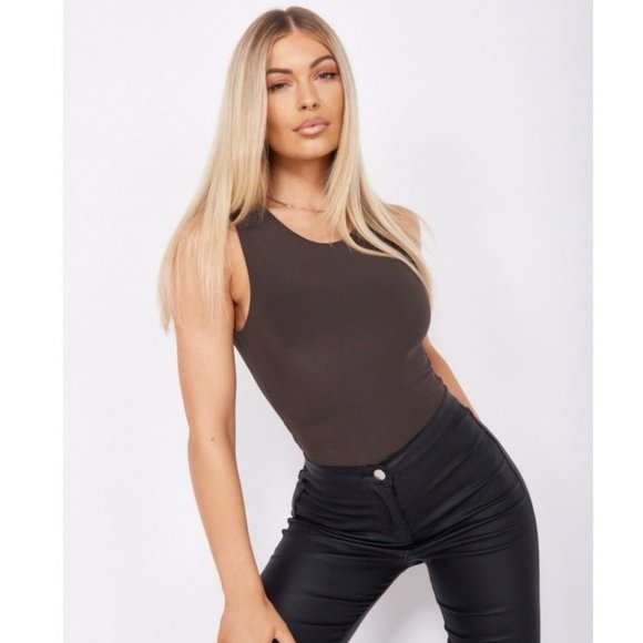Brown Sleeveless Bodycon Bodysuit Top Leotard - Picture 9 of 10